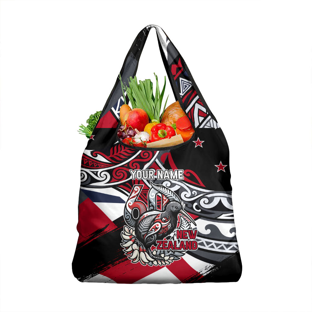 Personalized New Zealand 60th Birthday Grocery Bag Maori Tribal Patterns Kiwi Bird Silver Fern Flag Graphic Art
