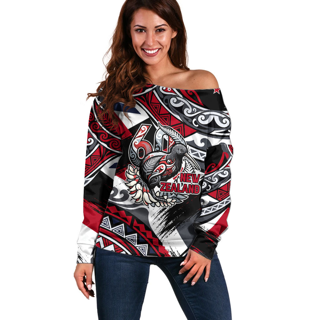 Personalized New Zealand 60th Birthday Off Shoulder Sweater Maori Tribal Patterns Kiwi Bird Silver Fern Flag Graphic Art TS04 Women Red Black - Polynesian Pride