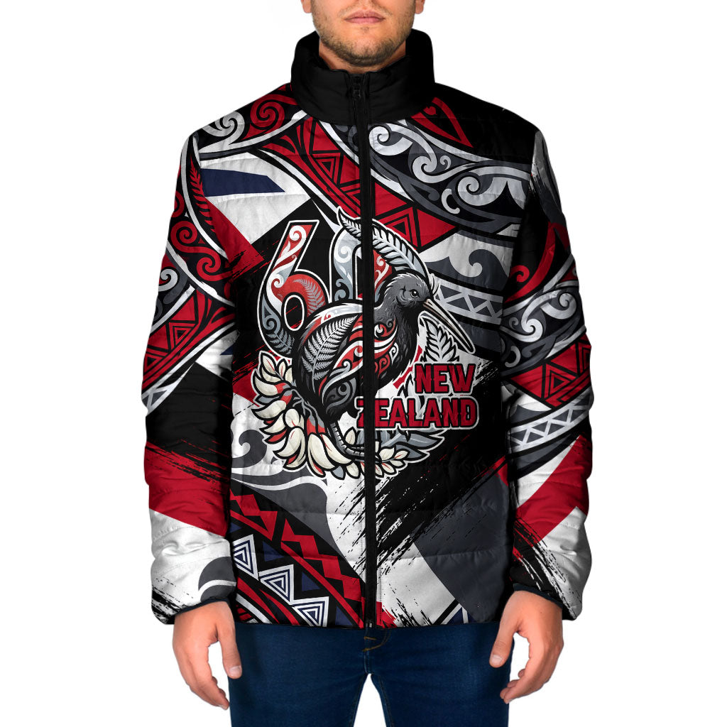 Personalized New Zealand 60th Birthday Padded Jacket Maori Tribal Patterns Kiwi Bird Silver Fern Flag Graphic Art TS04 Men Red Black - Polynesian Pride