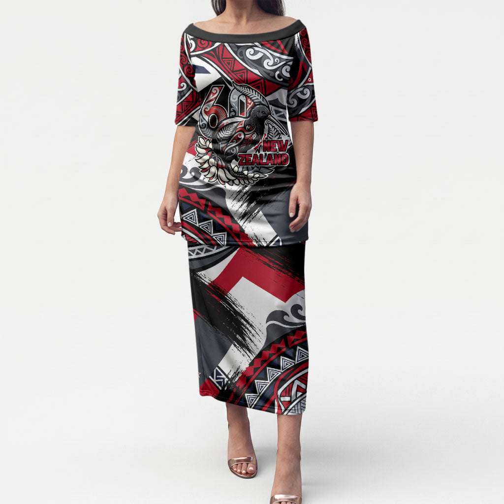 Personalized New Zealand 60th Birthday Puletasi Maori Tribal Patterns Kiwi Bird Silver Fern Flag Graphic Art TS04 Long Dress Red Black - Polynesian Pride