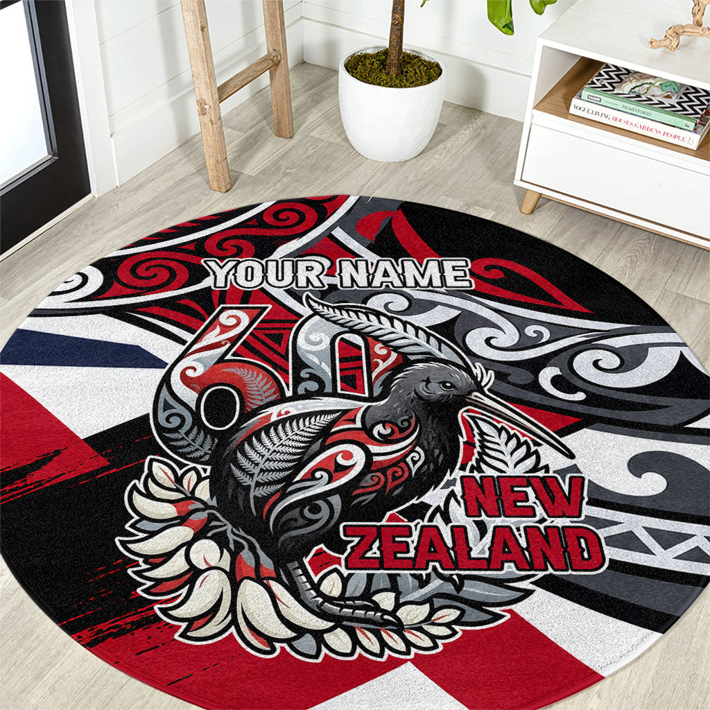Personalized New Zealand 60th Birthday Round Carpet Maori Tribal Patterns Kiwi Bird Silver Fern Flag Graphic Art