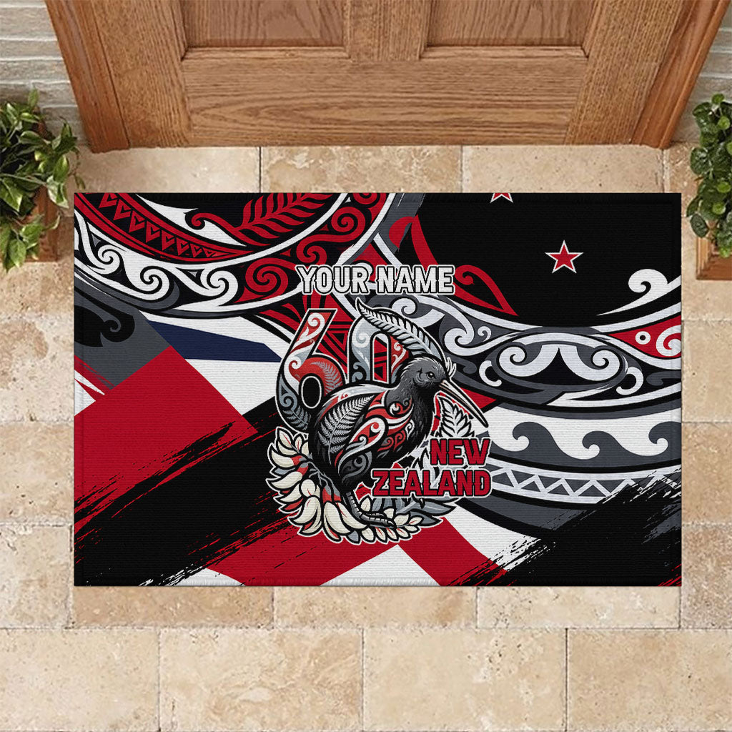 Personalized New Zealand 60th Birthday Rubber Doormat Maori Tribal Patterns Kiwi Bird Silver Fern Flag Graphic Art