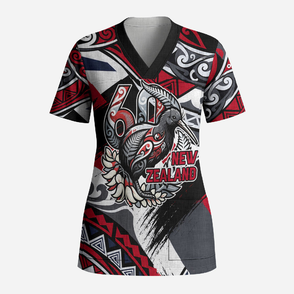 Personalized New Zealand 60th Birthday Scrub Top Maori Tribal Patterns Kiwi Bird Silver Fern Flag Graphic Art TS04 Adult Red Black - Polynesian Pride