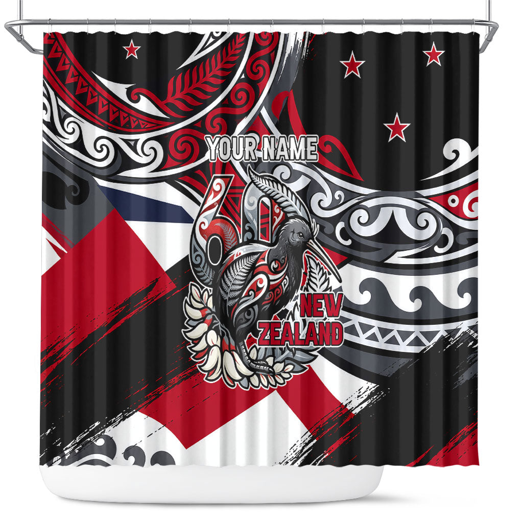 Personalized New Zealand 60th Birthday Shower Curtain Maori Tribal Patterns Kiwi Bird Silver Fern Flag Graphic Art TS04 Red Black - Polynesian Pride
