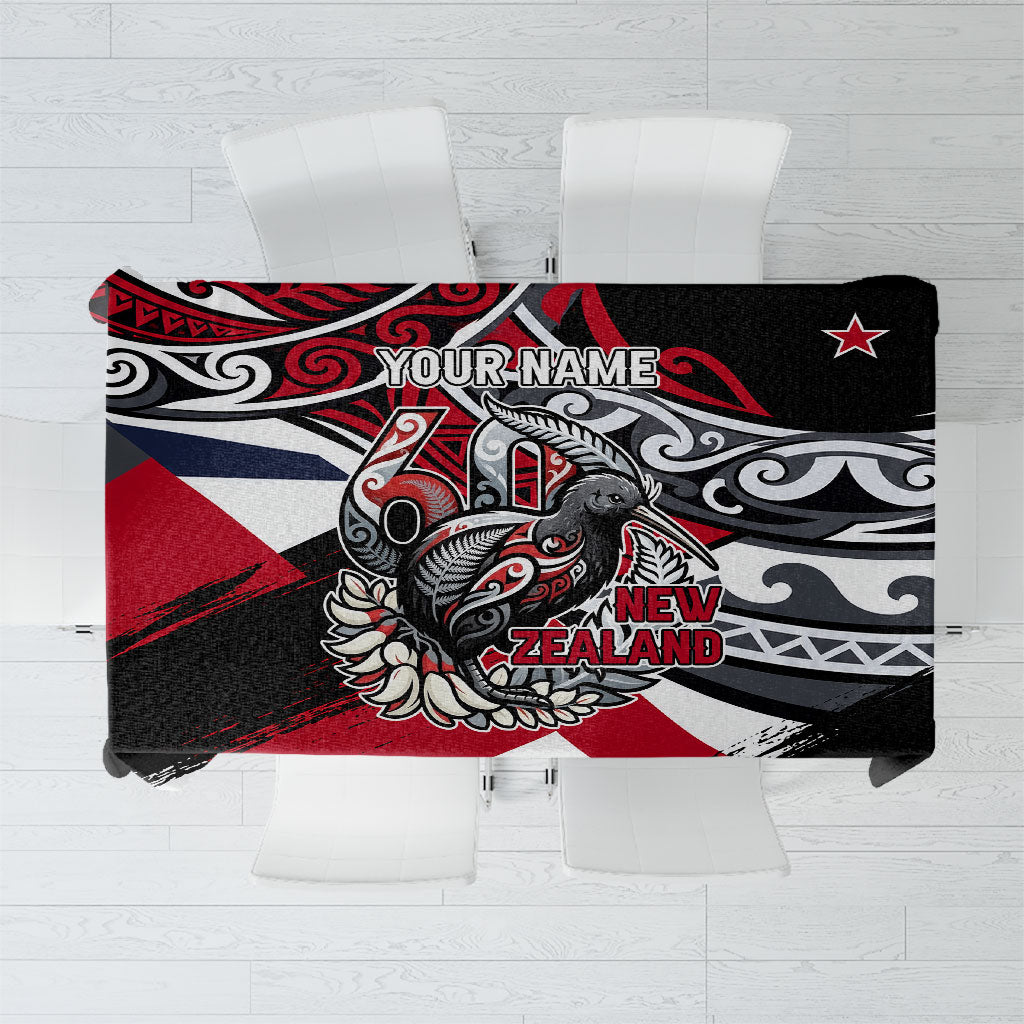 Personalized New Zealand 60th Birthday Tablecloth Maori Tribal Patterns Kiwi Bird Silver Fern Flag Graphic Art TS04 Red Black - Polynesian Pride