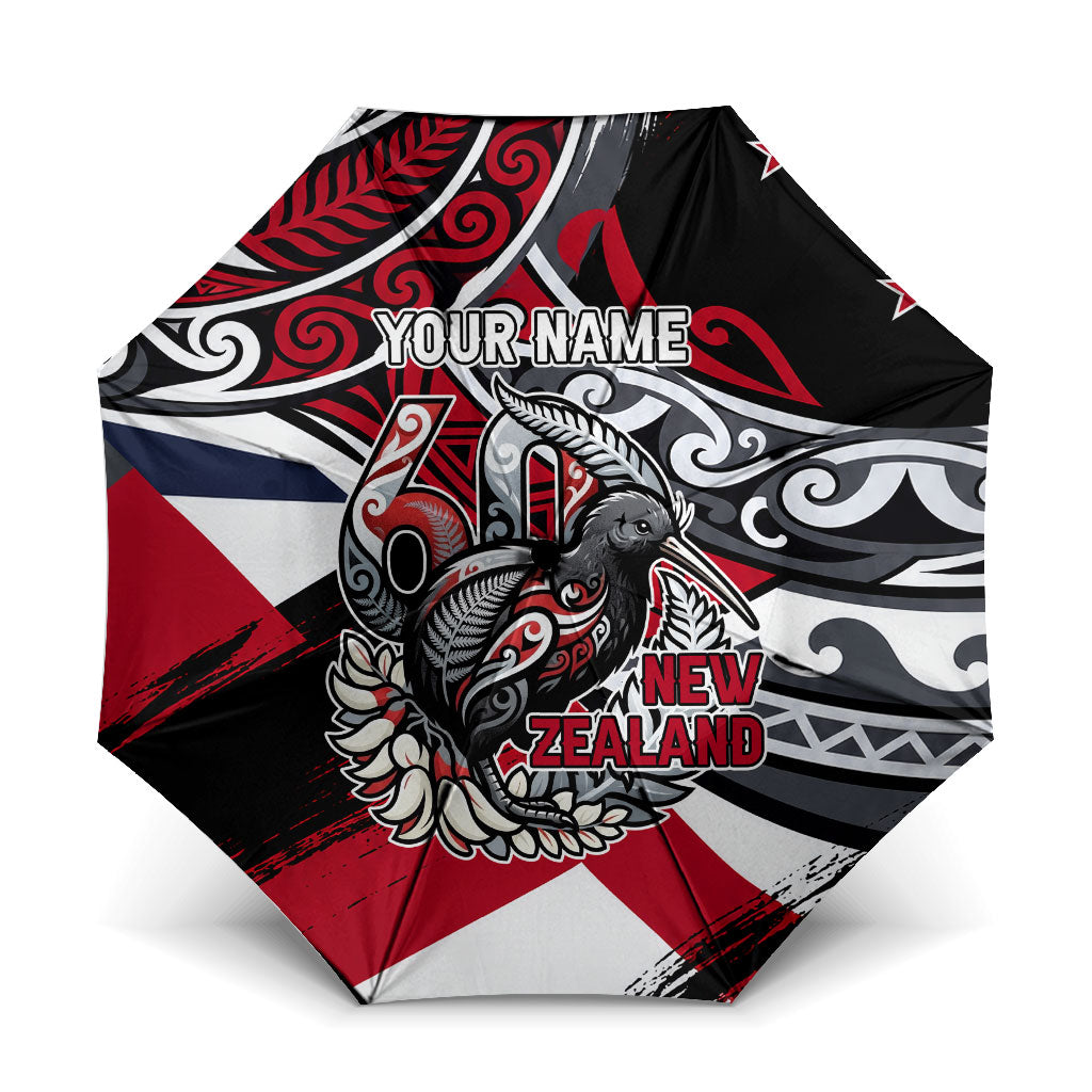 Personalized New Zealand 60th Birthday Umbrella Maori Tribal Patterns Kiwi Bird Silver Fern Flag Graphic Art TS04 One Size Folded 11.42 inch Opened Diameter 37.4 inch Red Black - Polynesian Pride