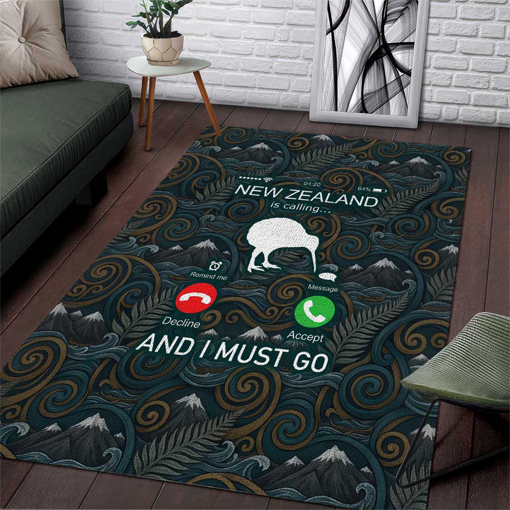 New Zealand is Calling and I Must Go Area Rug Kiwi Bird Silhouette