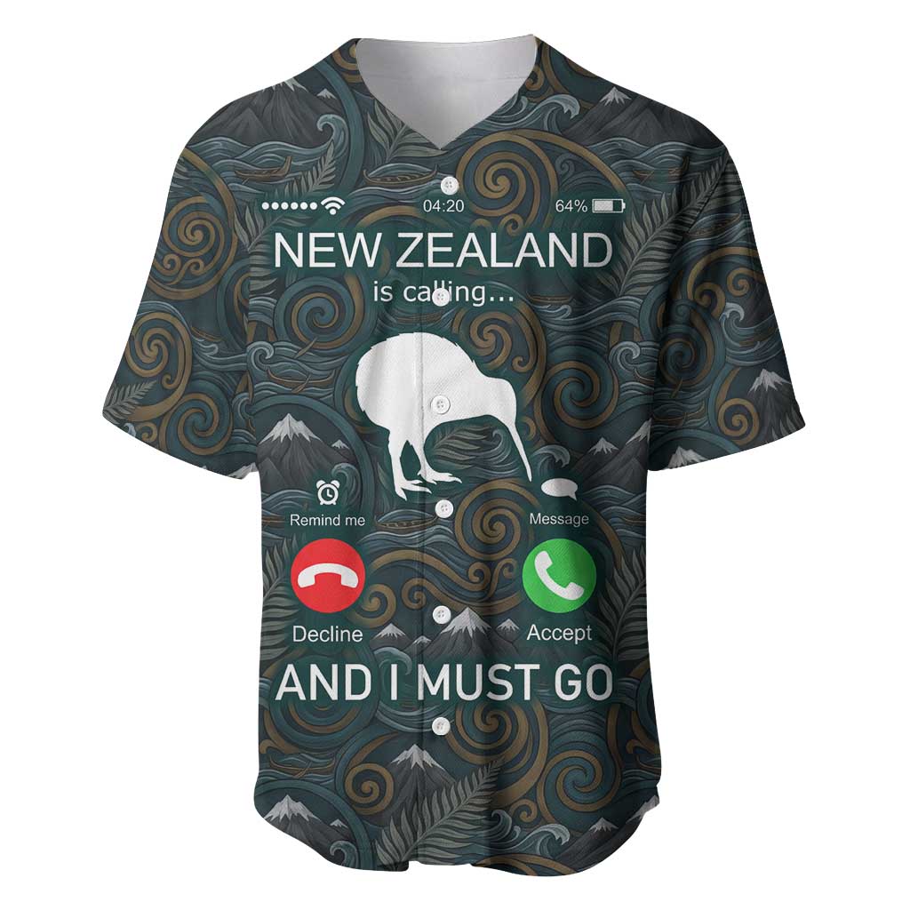 New Zealand is Calling and I Must Go Baseball Jersey Kiwi Bird Silhouette