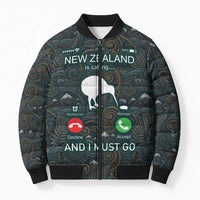 New Zealand is Calling and I Must Go Bomber Puffer Jacket Kiwi Bird Silhouette