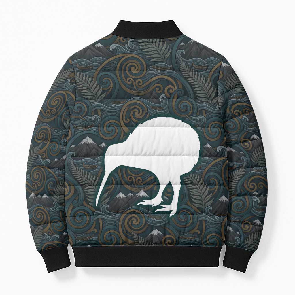 New Zealand is Calling and I Must Go Bomber Puffer Jacket Kiwi Bird Silhouette