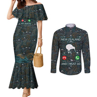 New Zealand is Calling and I Must Go Couples Matching Mermaid Dress and Long Sleeve Button Shirt Kiwi Bird Silhouette