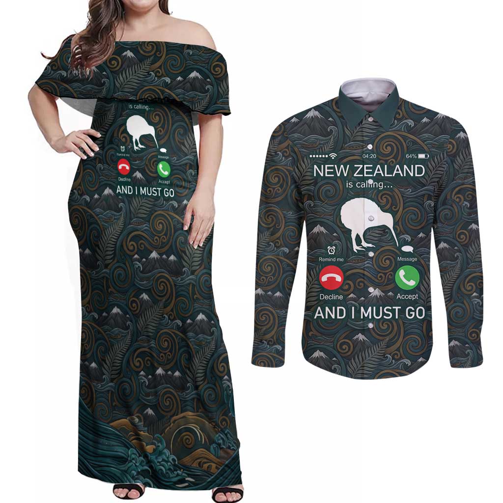 New Zealand is Calling and I Must Go Couples Matching Off Shoulder Maxi Dress and Long Sleeve Button Shirt Kiwi Bird Silhouette TS04 Multicolor - Polynesian Pride