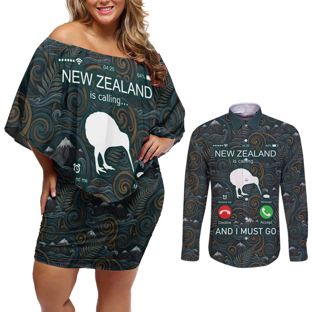 New Zealand is Calling and I Must Go Couples Matching Off Shoulder Short Dress and Long Sleeve Button Shirt Kiwi Bird Silhouette