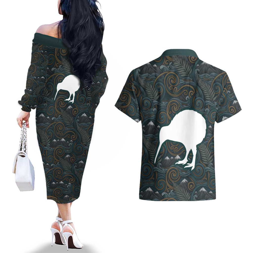 New Zealand is Calling and I Must Go Couples Matching Off The Shoulder Long Sleeve Dress and Hawaiian Shirt Kiwi Bird Silhouette