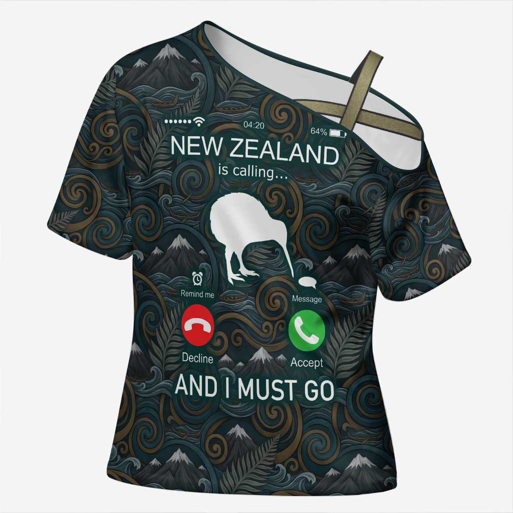 New Zealand is Calling and I Must Go Cross Shoulder Shirt Kiwi Bird Silhouette