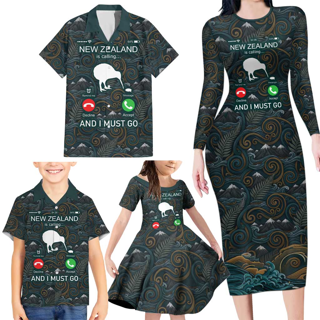 New Zealand is Calling and I Must Go Family Matching Long Sleeve Bodycon Dress and Hawaiian Shirt Kiwi Bird Silhouette
