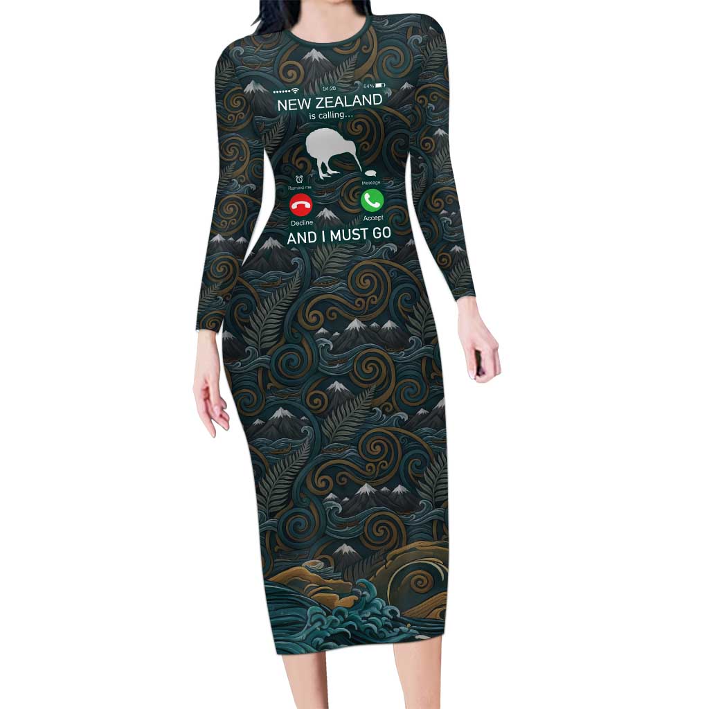 New Zealand is Calling and I Must Go Family Matching Long Sleeve Bodycon Dress and Hawaiian Shirt Kiwi Bird Silhouette TS04 Mom's Dress Multicolor - Polynesian Pride