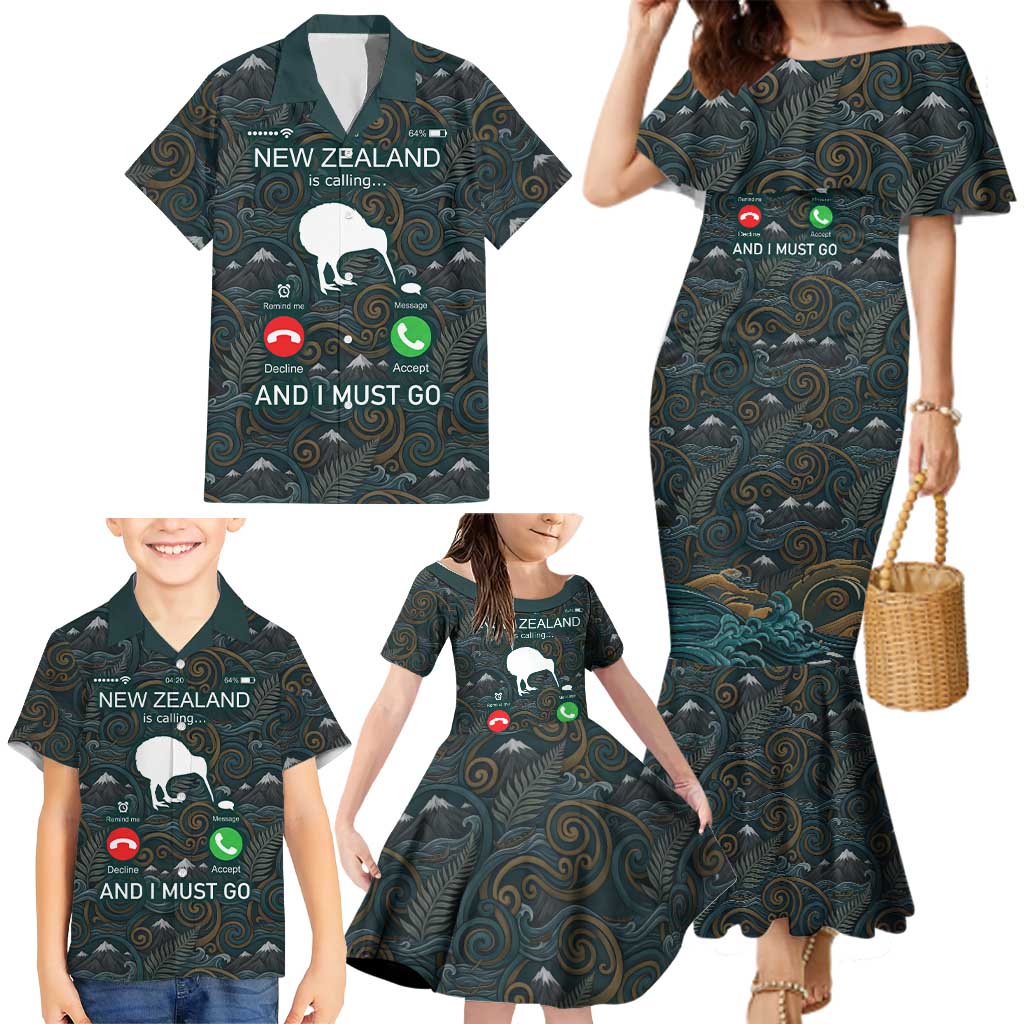 New Zealand is Calling and I Must Go Family Matching Mermaid Dress and Hawaiian Shirt Kiwi Bird Silhouette