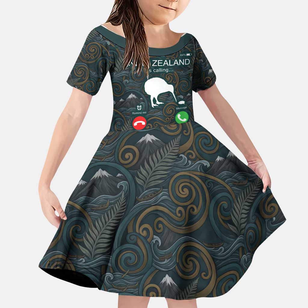 New Zealand is Calling and I Must Go Family Matching Off Shoulder Maxi Dress and Hawaiian Shirt Kiwi Bird Silhouette TS04 Daughter's Dress Multicolor - Polynesian Pride