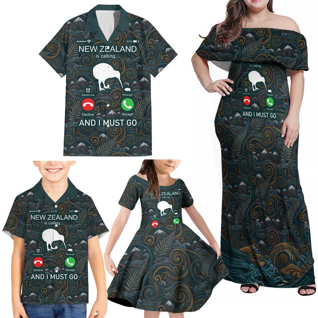 New Zealand is Calling and I Must Go Family Matching Off Shoulder Maxi Dress and Hawaiian Shirt Kiwi Bird Silhouette
