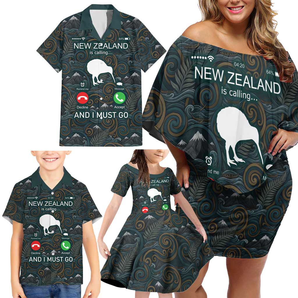 New Zealand is Calling and I Must Go Family Matching Off Shoulder Short Dress and Hawaiian Shirt Kiwi Bird Silhouette