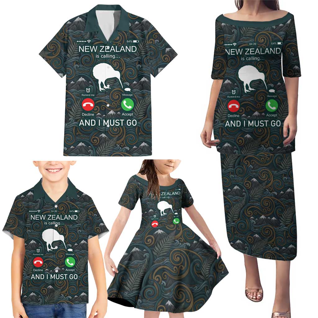 New Zealand is Calling and I Must Go Family Matching Puletasi and Hawaiian Shirt Kiwi Bird Silhouette
