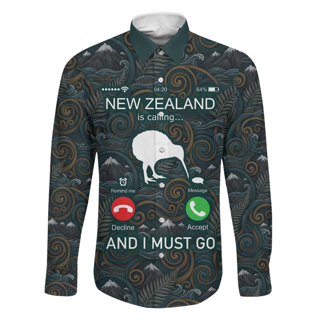 New Zealand is Calling and I Must Go Family Matching Puletasi and Hawaiian Shirt Kiwi Bird Silhouette TS04 Dad's Shirt - Long Sleeve Multicolor - Polynesian Pride
