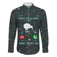New Zealand is Calling and I Must Go Family Matching Puletasi and Hawaiian Shirt Kiwi Bird Silhouette TS04 Dad's Shirt - Long Sleeve Multicolor - Polynesian Pride