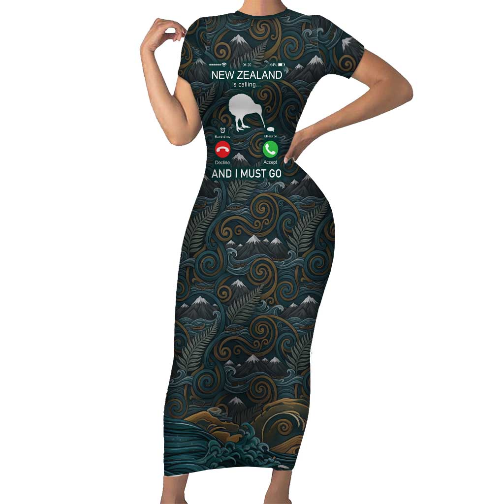 New Zealand is Calling and I Must Go Family Matching Short Sleeve Bodycon Dress and Hawaiian Shirt Kiwi Bird Silhouette TS04 Mom's Dress Multicolor - Polynesian Pride