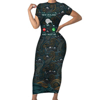 New Zealand is Calling and I Must Go Family Matching Short Sleeve Bodycon Dress and Hawaiian Shirt Kiwi Bird Silhouette TS04 Mom's Dress Multicolor - Polynesian Pride