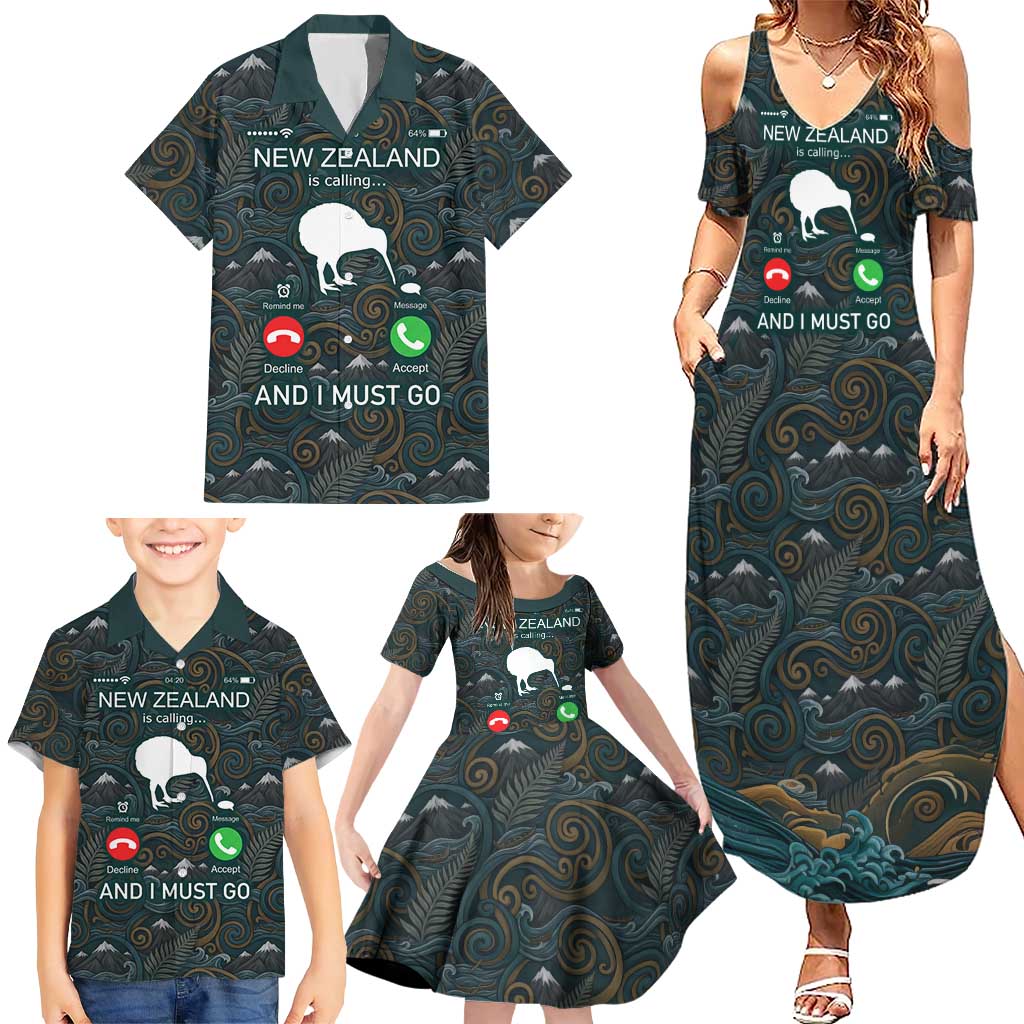 New Zealand is Calling and I Must Go Family Matching Summer Maxi Dress and Hawaiian Shirt Kiwi Bird Silhouette