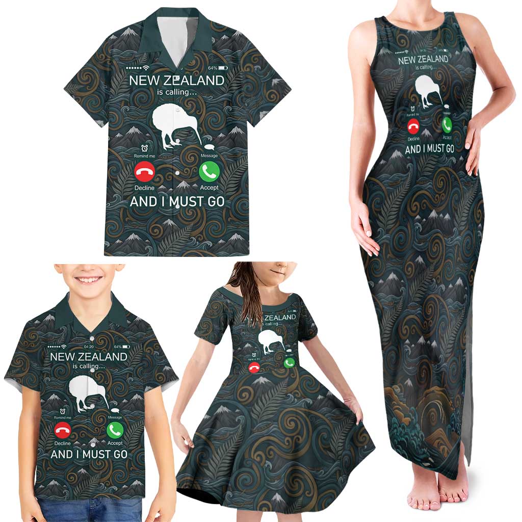 New Zealand is Calling and I Must Go Family Matching Tank Maxi Dress and Hawaiian Shirt Kiwi Bird Silhouette