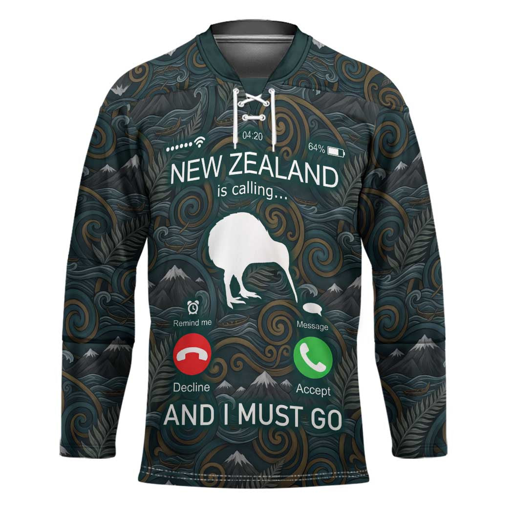 New Zealand is Calling and I Must Go Hockey Jersey Kiwi Bird Silhouette