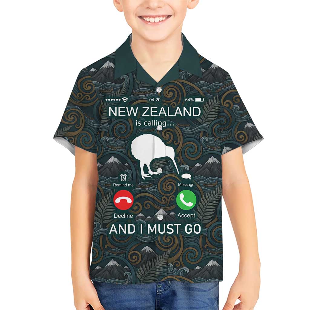 New Zealand is Calling and I Must Go Kid Hawaiian Shirt Kiwi Bird Silhouette