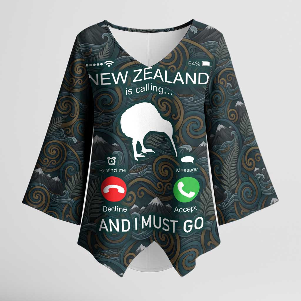 New Zealand is Calling and I Must Go Kimono Sleeve Blouse Kiwi Bird Silhouette