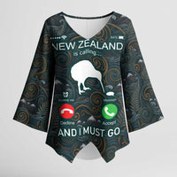 New Zealand is Calling and I Must Go Kimono Sleeve Blouse Kiwi Bird Silhouette