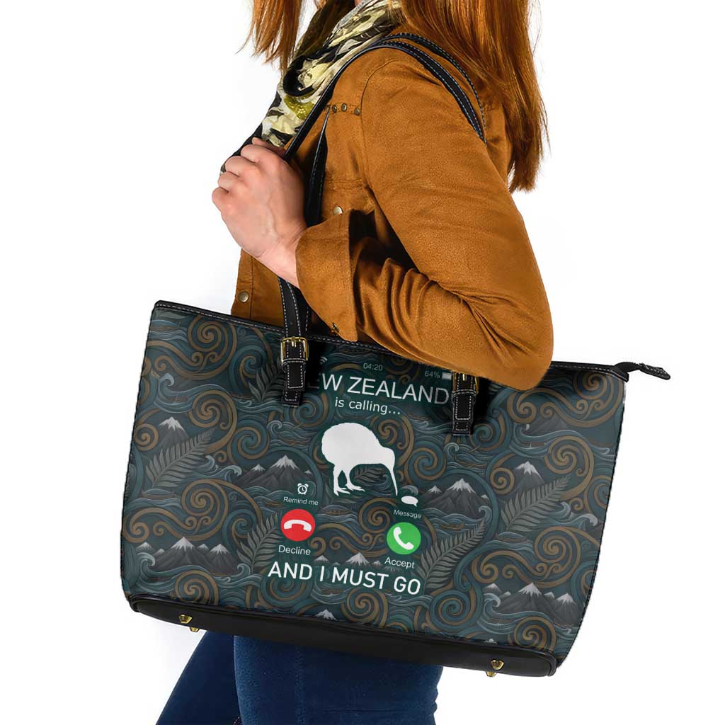 New Zealand is Calling and I Must Go Leather Tote Bag Kiwi Bird Silhouette