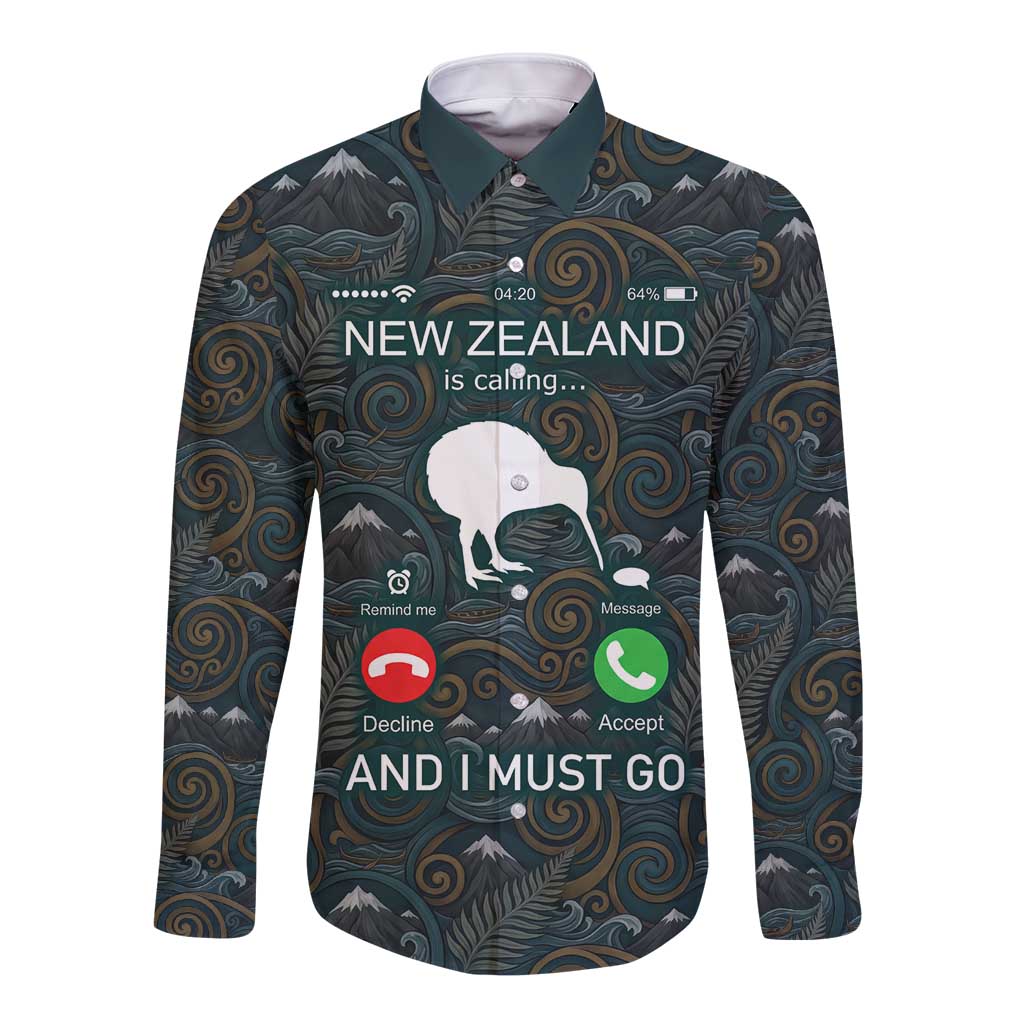 New Zealand is Calling and I Must Go Long Sleeve Button Shirt Kiwi Bird Silhouette