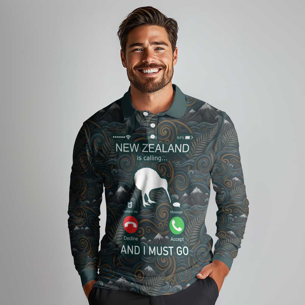New Zealand is Calling and I Must Go Long Sleeve Polo Shirt Kiwi Bird Silhouette