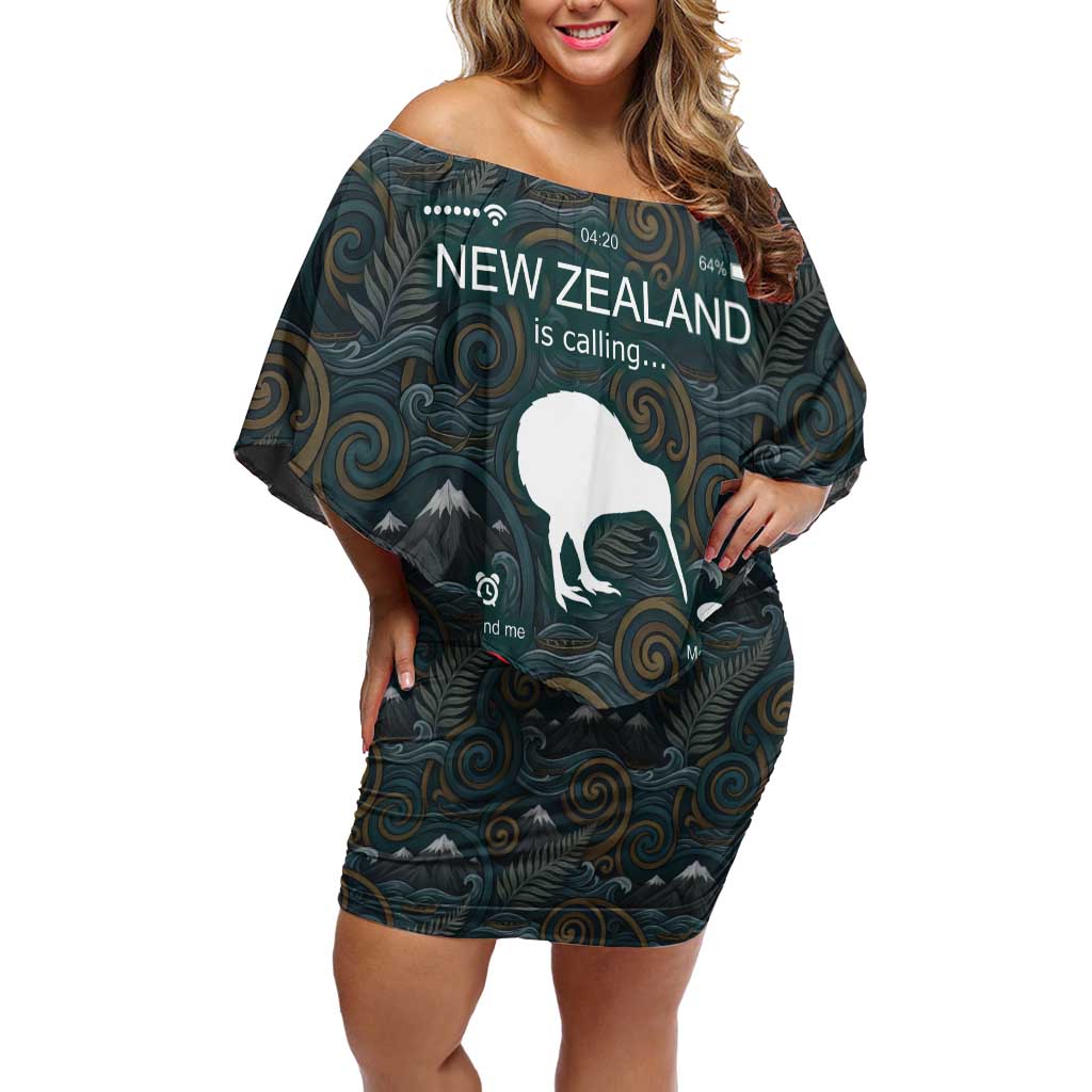 New Zealand is Calling and I Must Go Off Shoulder Short Dress Kiwi Bird Silhouette