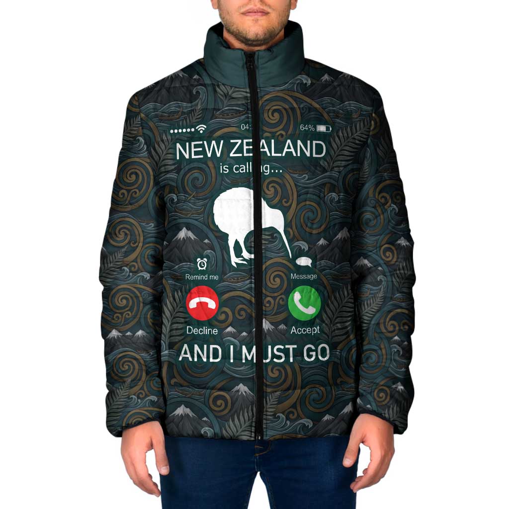 New Zealand is Calling and I Must Go Padded Jacket Kiwi Bird Silhouette