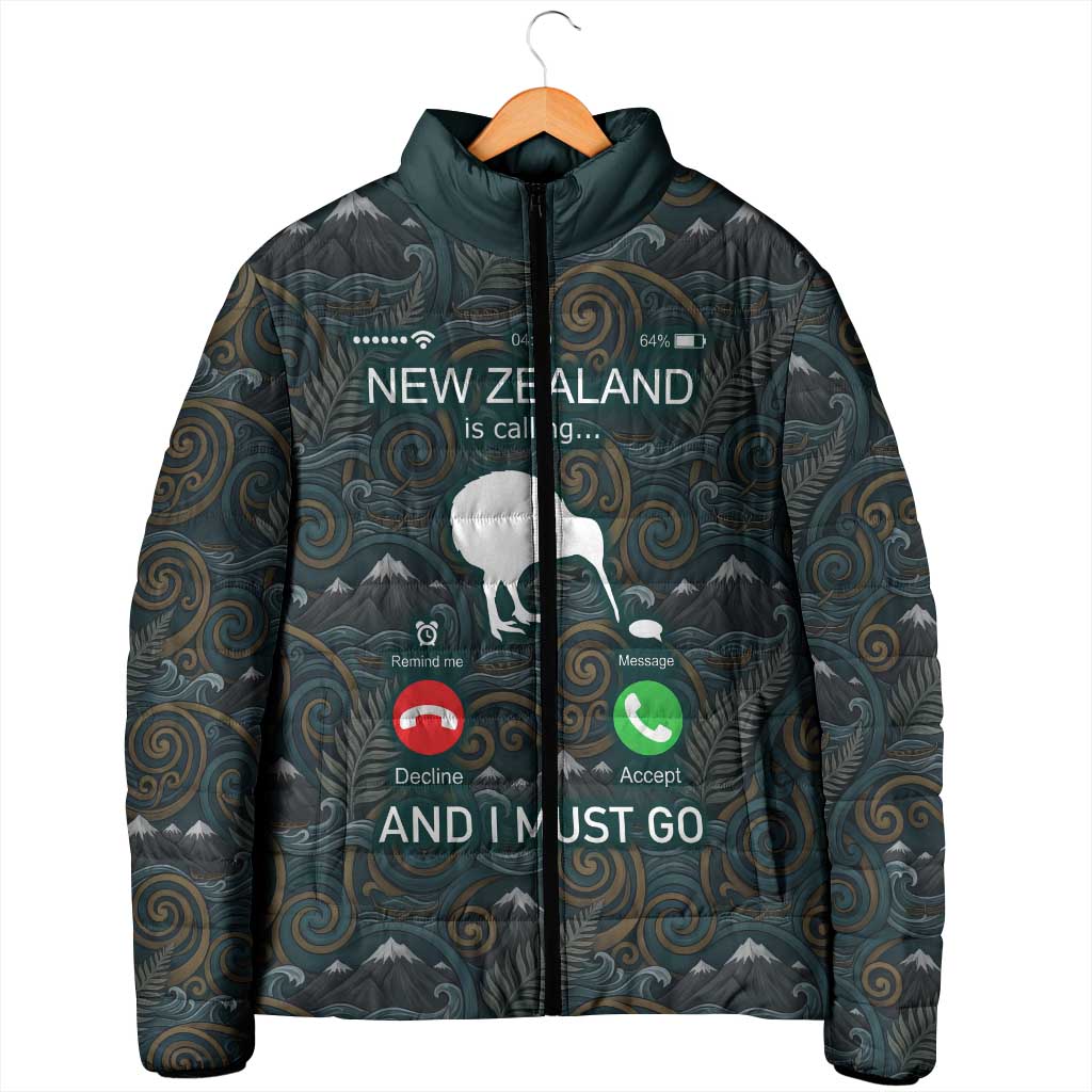 New Zealand is Calling and I Must Go Padded Jacket Kiwi Bird Silhouette