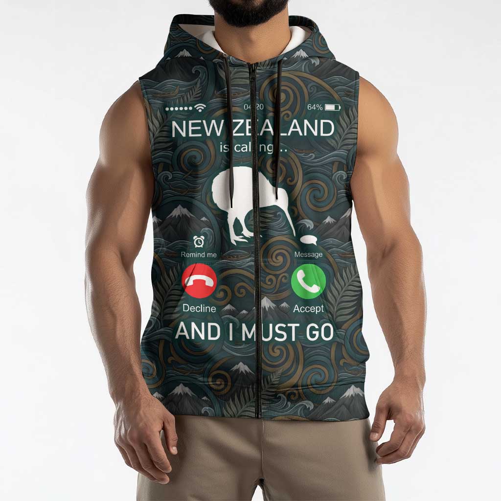 New Zealand is Calling and I Must Go Sleeveless Zip Hoodie Kiwi Bird Silhouette