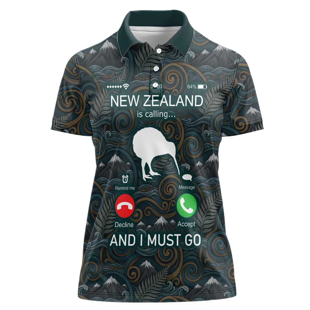 New Zealand is Calling and I Must Go Women Polo Shirt Kiwi Bird Silhouette