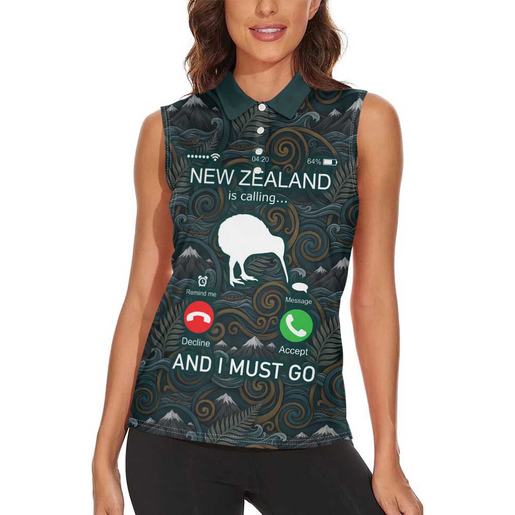New Zealand is Calling and I Must Go Women Sleeveless Polo Shirt Kiwi Bird Silhouette