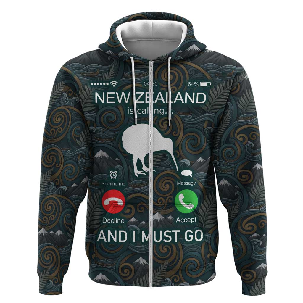 New Zealand is Calling and I Must Go Zip Hoodie Kiwi Bird Silhouette