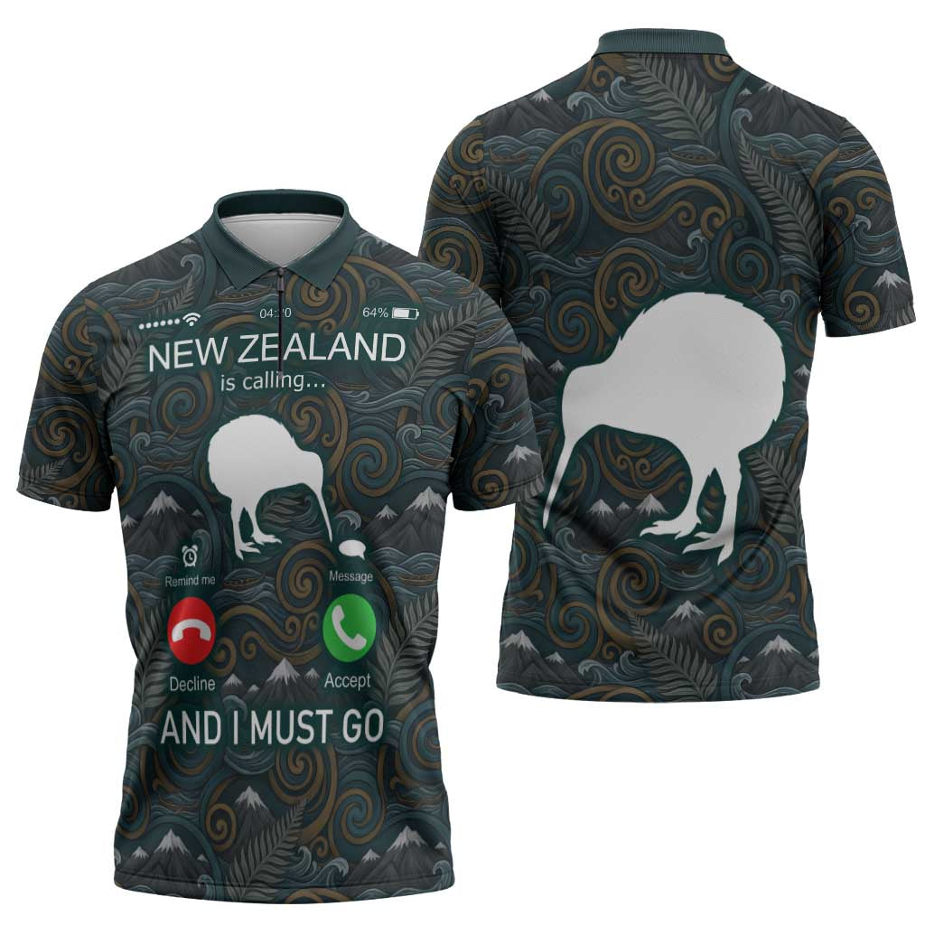 New Zealand is Calling and I Must Go Zipper Polo Shirt Kiwi Bird Silhouette