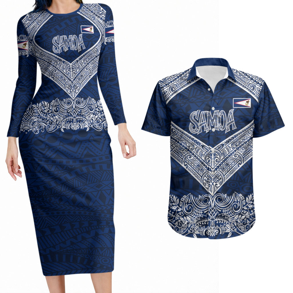 American Samoa Eagle Couples Matching Long Sleeve Bodycon Dress and Hawaiian Shirt Sea Turtle Traditional Polynesian Tribal Tattoo