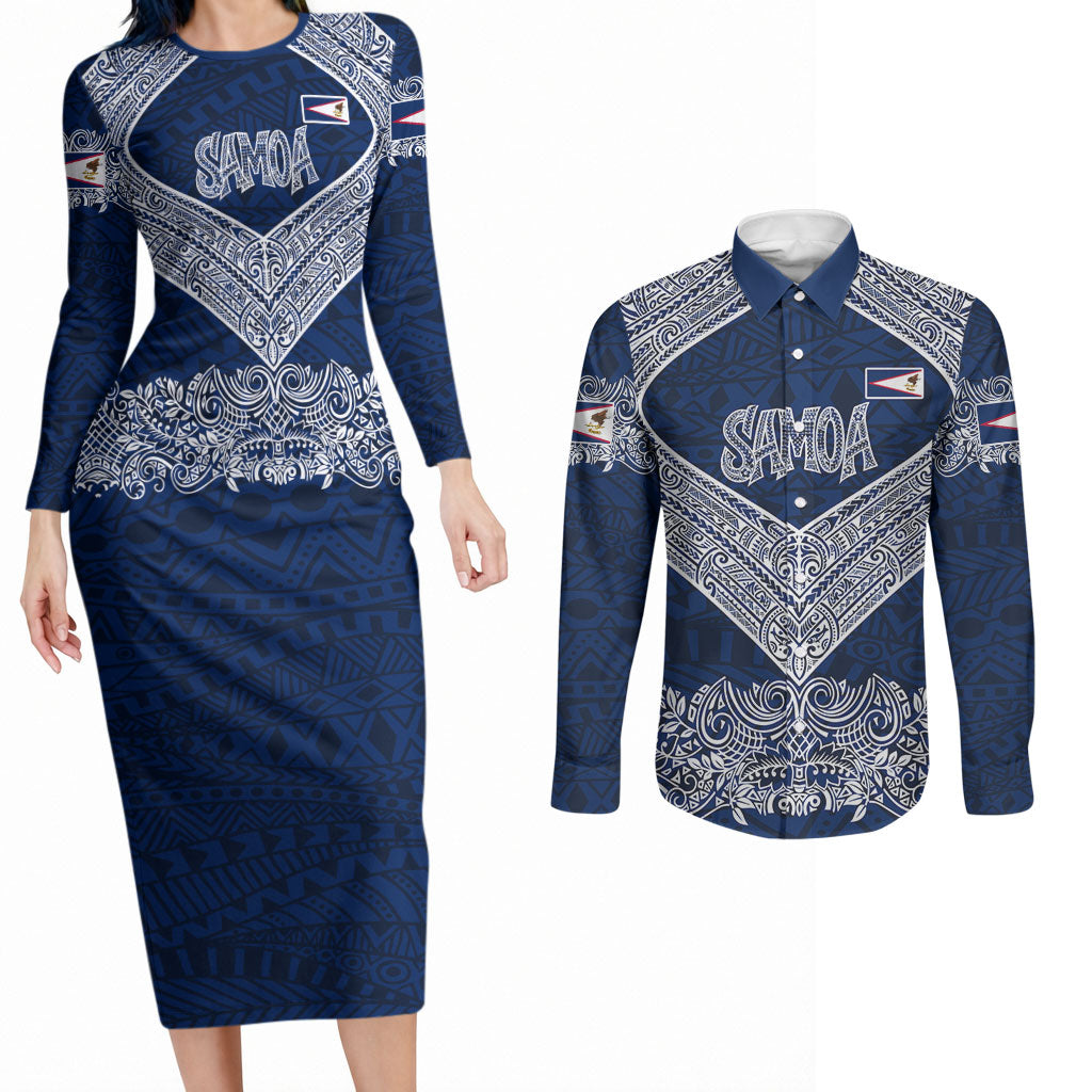 American Samoa Eagle Couples Matching Long Sleeve Bodycon Dress and Long Sleeve Button Shirt Sea Turtle Traditional Polynesian Tribal Tattoo
