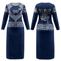 American Samoa Eagle Couples Matching Long Sleeve Bodycon Dress and Long Sleeve Button Shirt Sea Turtle Traditional Polynesian Tribal Tattoo